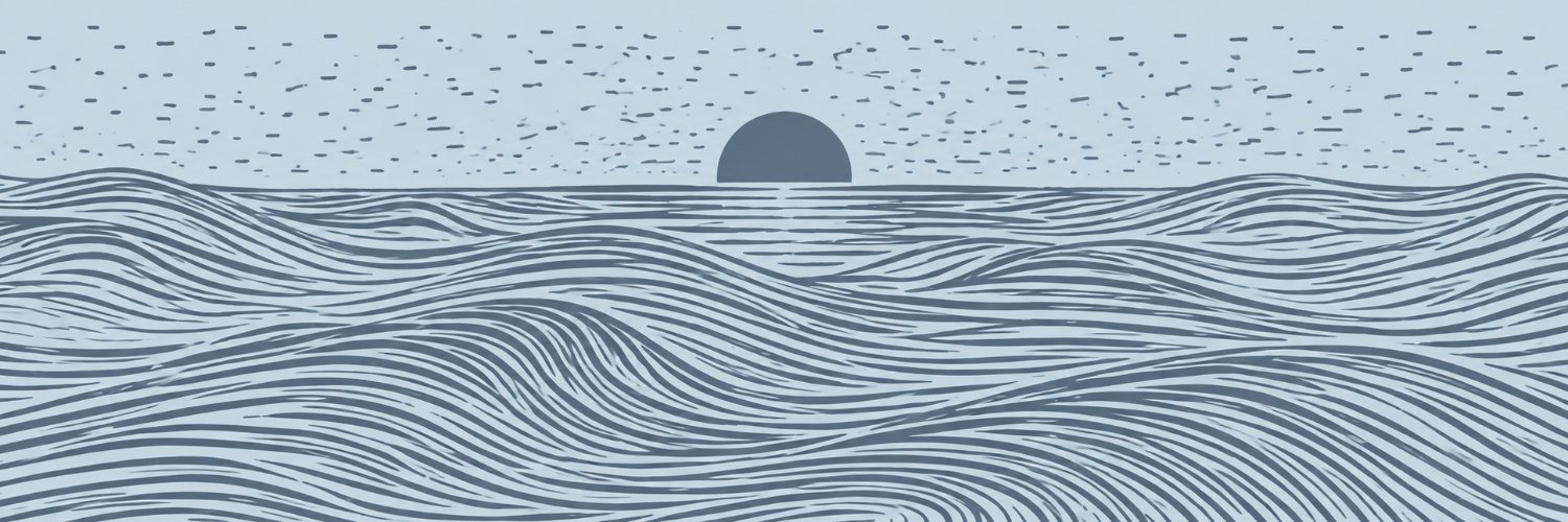 Engraved sea with the sun on the horizon